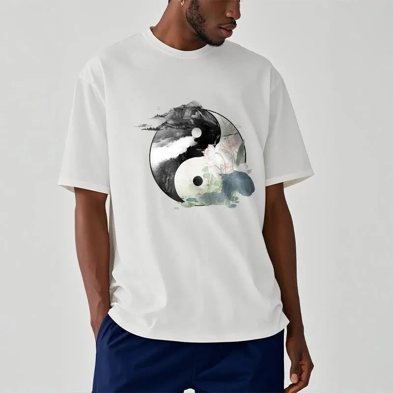 Mythstone Yin Yang Lotus Leaf Ink Painting Cotton Tee T-shirt - Image 10