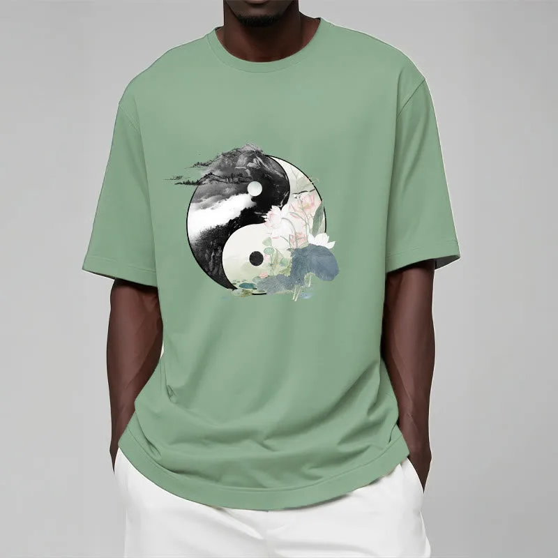 Mythstone Yin Yang Lotus Leaf Ink Painting Cotton Tee T-shirt - Image 16