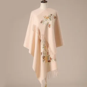 Mythstone Wool Shawl Red Flower Silver Leaves Embroidery Tassel Winter Cozy Travel Scarf Wrap