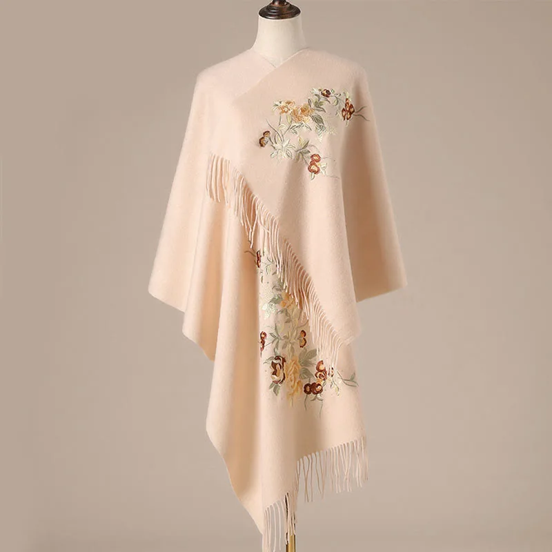 Mythstone Wool Shawl Red Flower Silver Leaves Embroidery Tassel Winter Cozy Travel Scarf Wrap