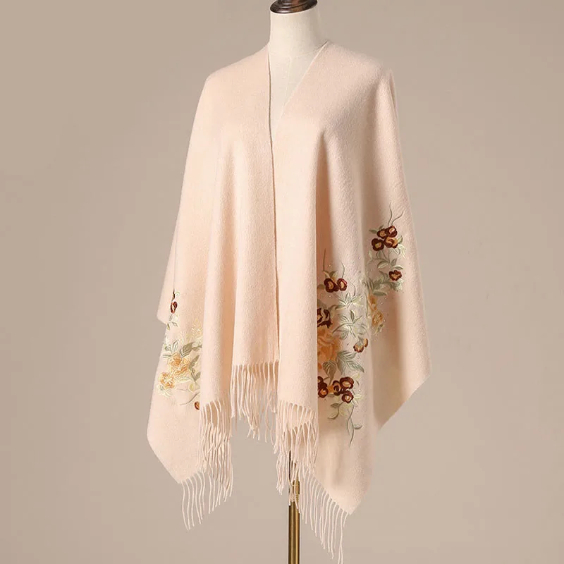 Mythstone Wool Shawl Red Flower Silver Leaves Embroidery Tassel Winter Cozy Travel Scarf Wrap - Image 2