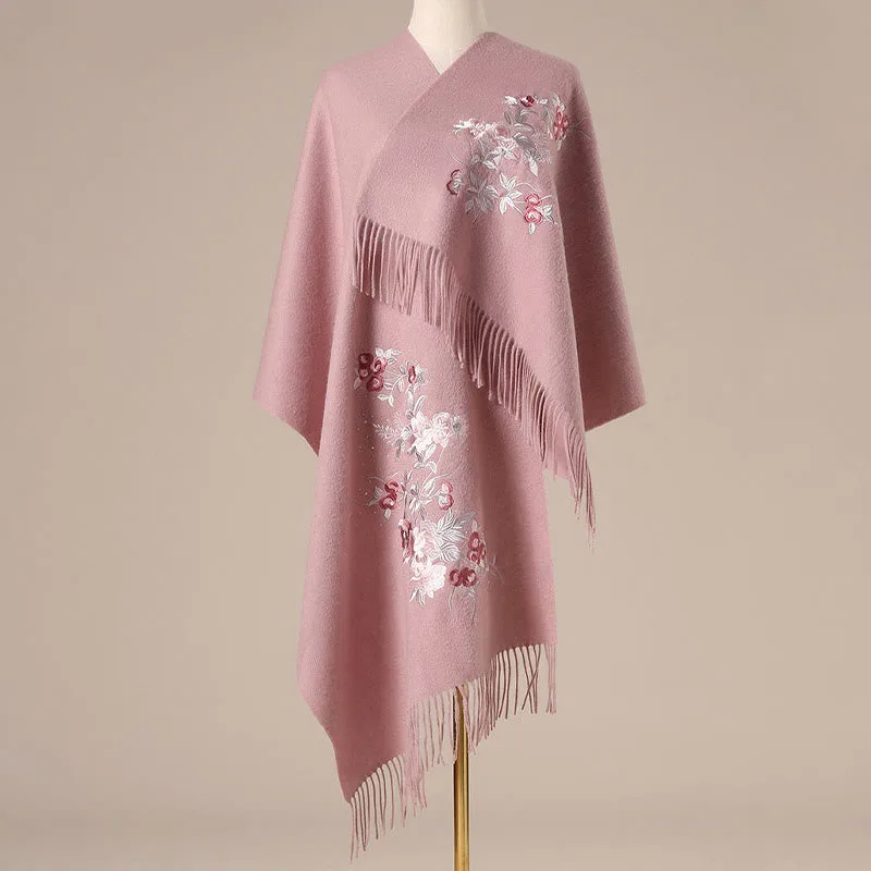 Mythstone Wool Shawl Red Flower Silver Leaves Embroidery Tassel Winter Cozy Travel Scarf Wrap - Image 7