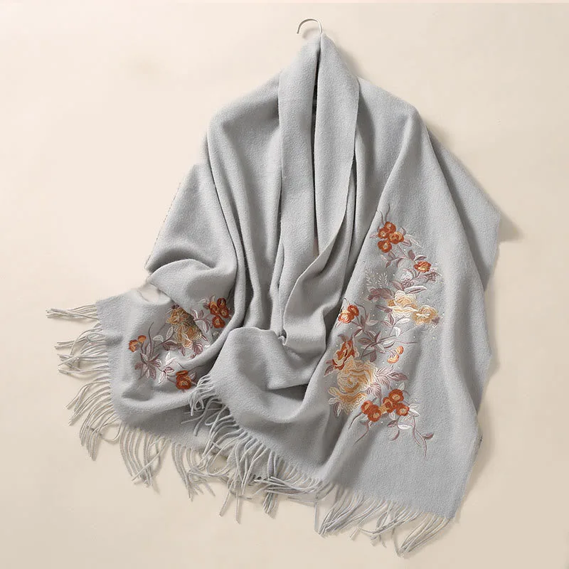 Mythstone Wool Shawl Red Flower Silver Leaves Embroidery Tassel Winter Cozy Travel Scarf Wrap - Image 10