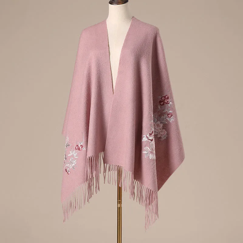 Mythstone Wool Shawl Red Flower Silver Leaves Embroidery Tassel Winter Cozy Travel Scarf Wrap - Image 8