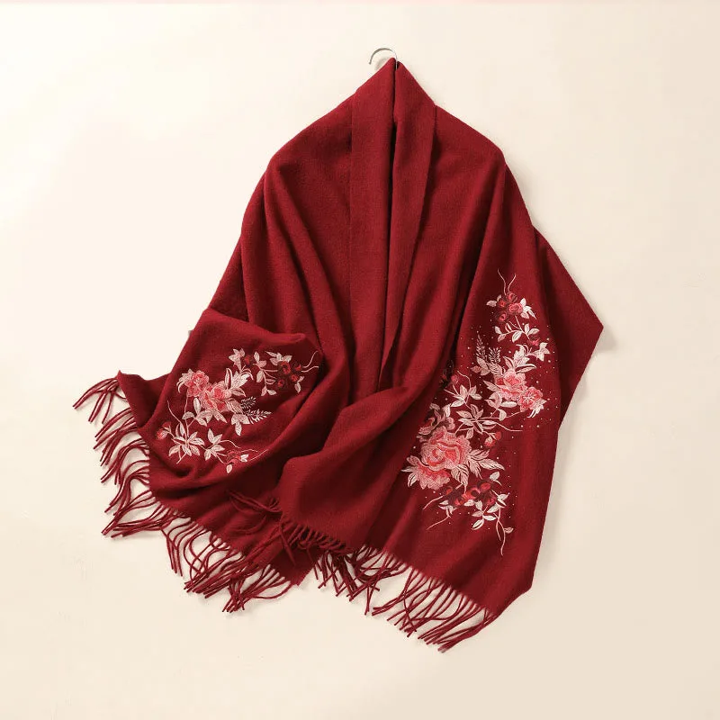 Mythstone Wool Shawl Red Flower Silver Leaves Embroidery Tassel Winter Cozy Travel Scarf Wrap - Image 11