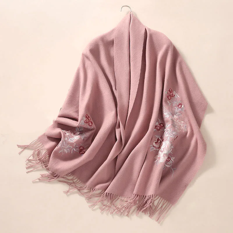 Mythstone Wool Shawl Red Flower Silver Leaves Embroidery Tassel Winter Cozy Travel Scarf Wrap - Image 9