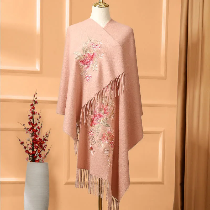 Mythstone Wool Shawl Red Pink Flower Embroidery Tassel Winter Cozy Travel Scarf Wrap - Image 7