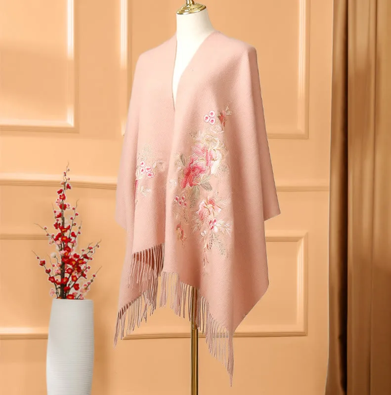 Mythstone Wool Shawl Red Pink Flower Embroidery Tassel Winter Cozy Travel Scarf Wrap - Image 8