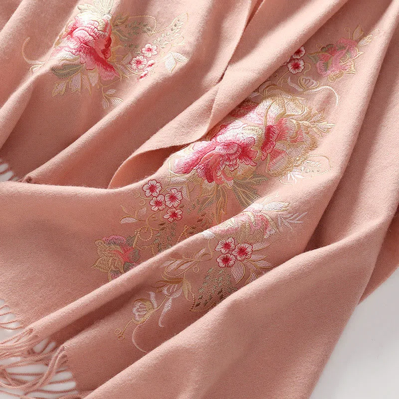 Mythstone Wool Shawl Red Pink Flower Embroidery Tassel Winter Cozy Travel Scarf Wrap - Image 9