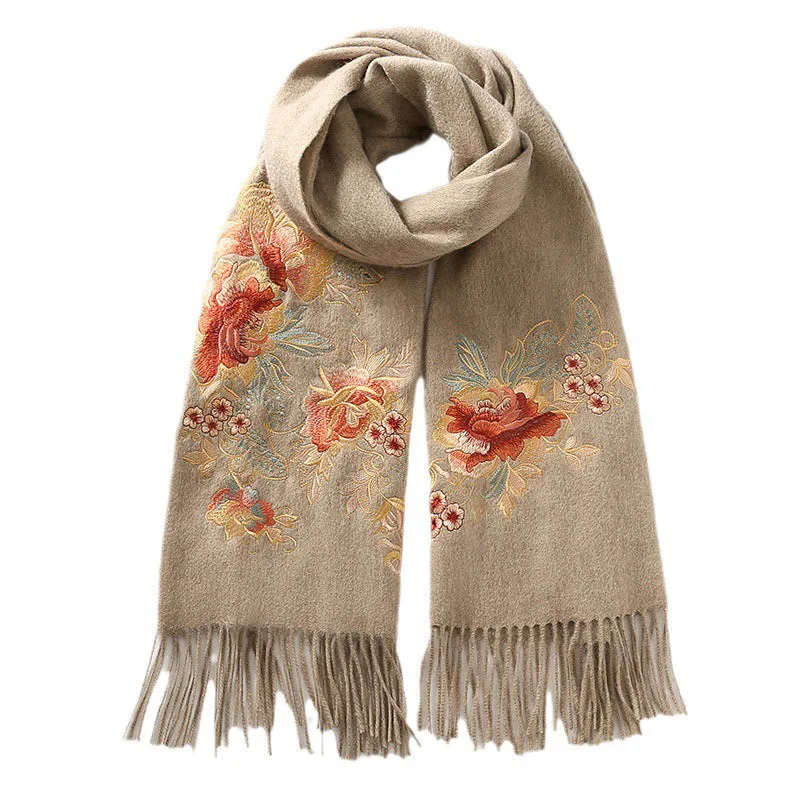 Mythstone Wool Shawl Red Pink Flower Embroidery Tassel Winter Cozy Travel Scarf Wrap - Image 5