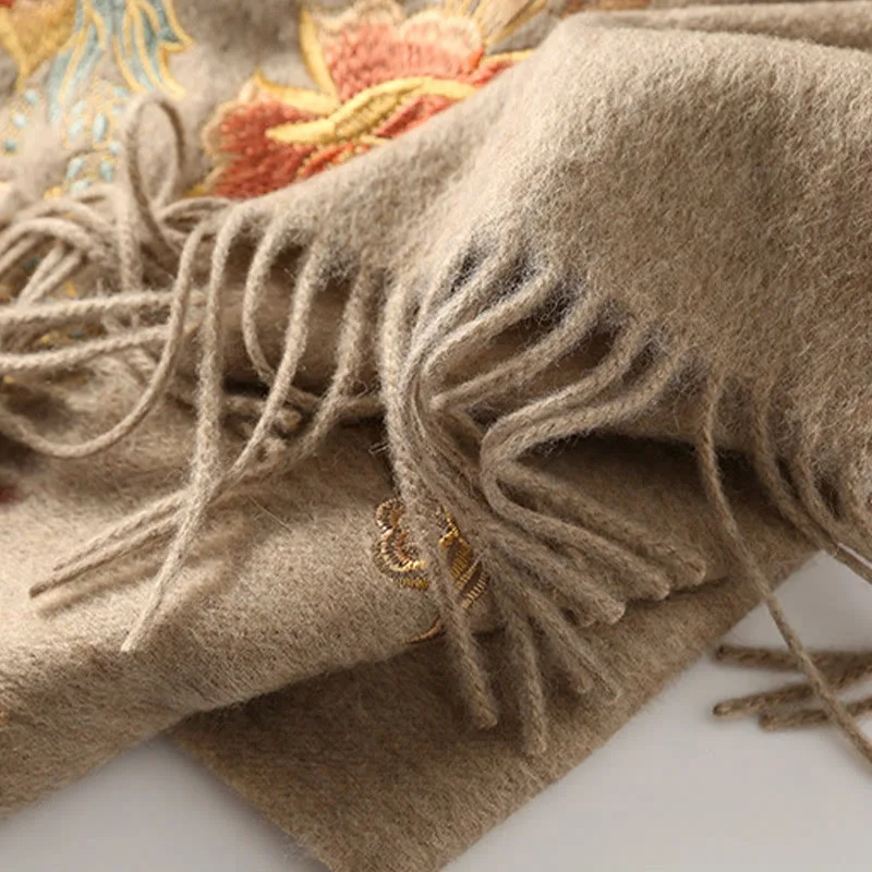 Mythstone Wool Shawl Red Pink Flower Embroidery Tassel Winter Cozy Travel Scarf Wrap - Image 3