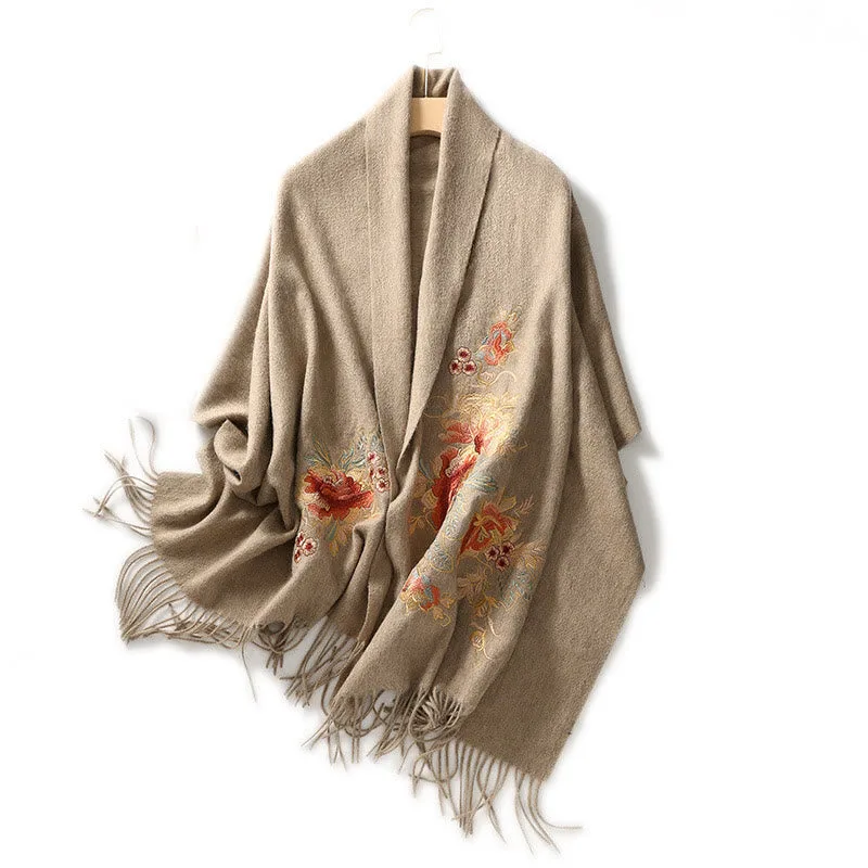 Mythstone Wool Shawl Red Pink Flower Embroidery Tassel Winter Cozy Travel Scarf Wrap - Image 6