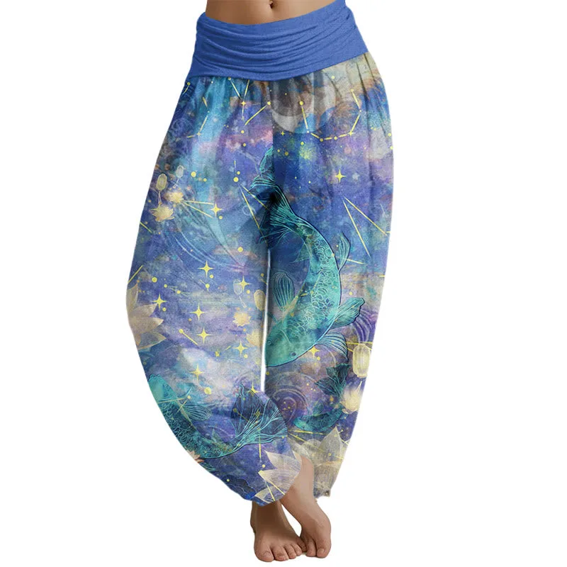 Mythstone - Koi Fish Lotus Moon Stars Pattern Women's Elastic Waist Harem Pants