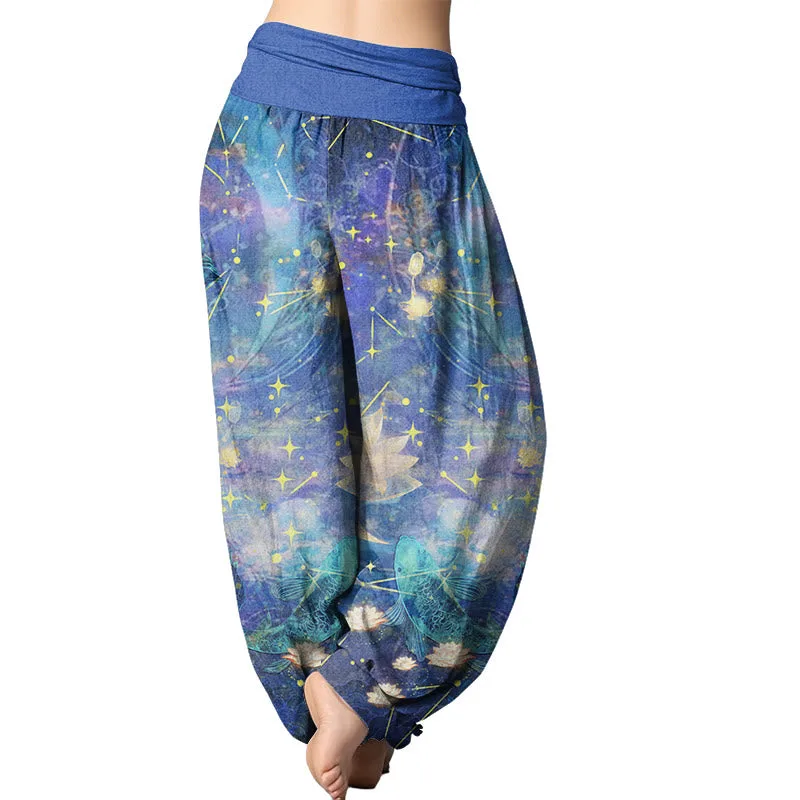 Mythstone - Koi Fish Lotus Moon Stars Pattern Women's Elastic Waist Harem Pants - Image 3