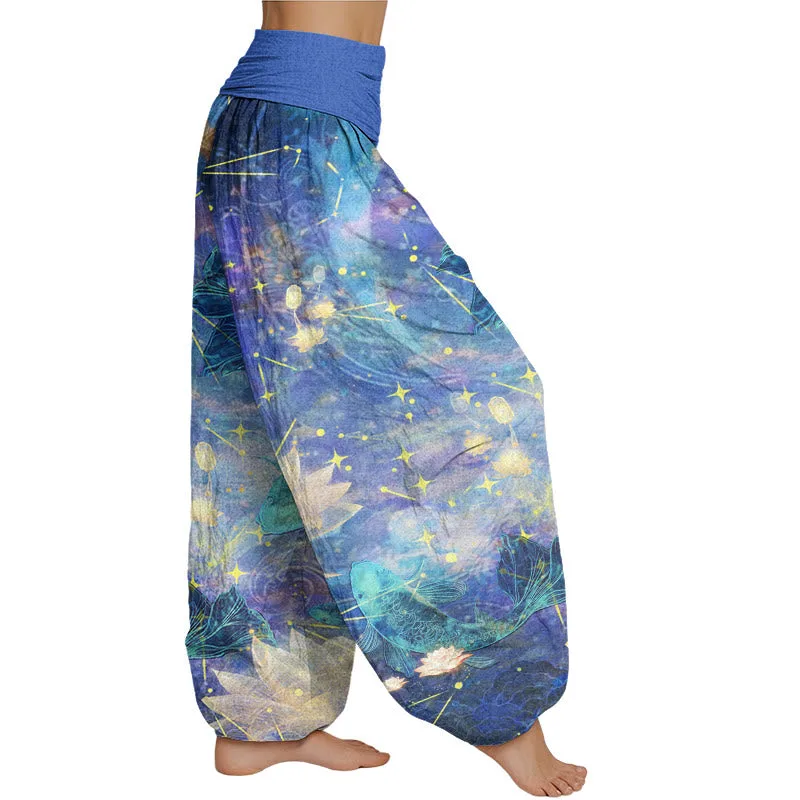 Mythstone - Koi Fish Lotus Moon Stars Pattern Women's Elastic Waist Harem Pants - Image 2