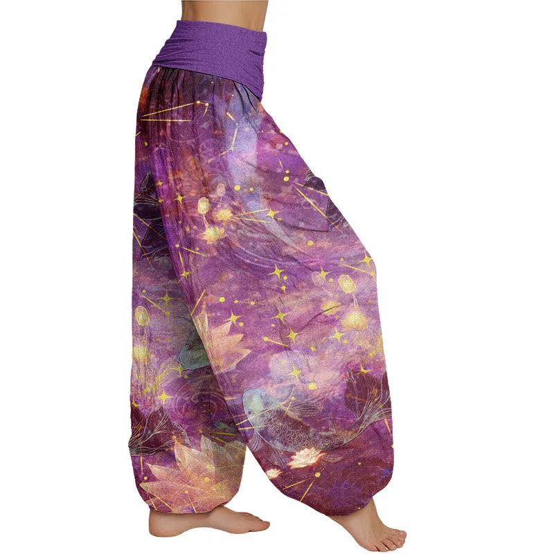 Mythstone - Koi Fish Lotus Moon Stars Pattern Women's Elastic Waist Harem Pants - Image 6