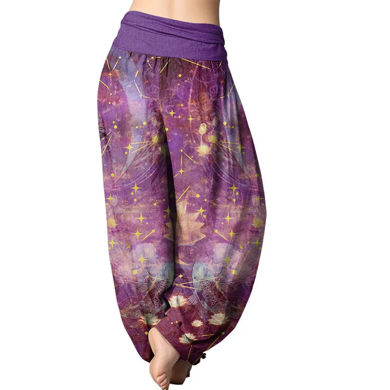 Mythstone - Koi Fish Lotus Moon Stars Pattern Women's Elastic Waist Harem Pants - Image 7