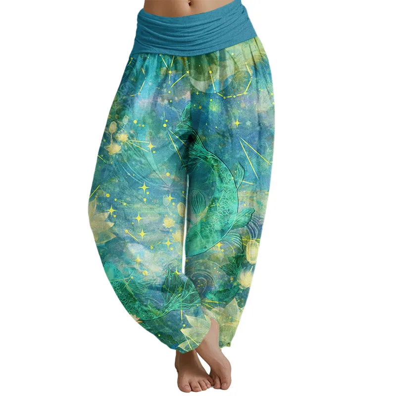 Mythstone - Koi Fish Lotus Moon Stars Pattern Women's Elastic Waist Harem Pants - Image 8
