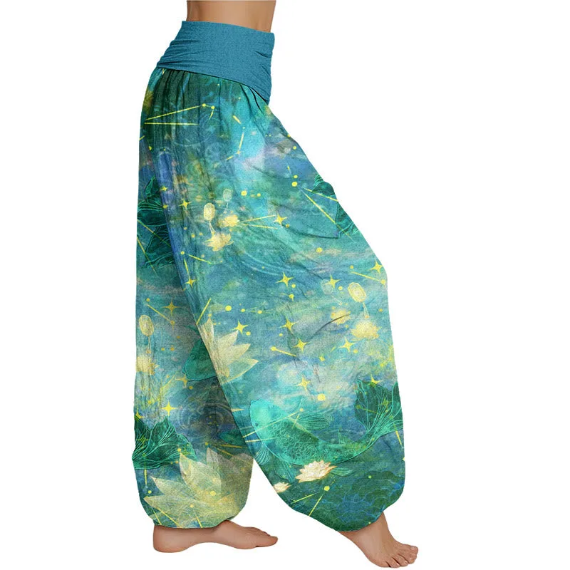 Mythstone - Koi Fish Lotus Moon Stars Pattern Women's Elastic Waist Harem Pants - Image 9