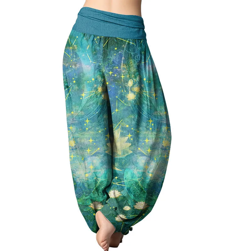 Mythstone - Koi Fish Lotus Moon Stars Pattern Women's Elastic Waist Harem Pants - Image 10