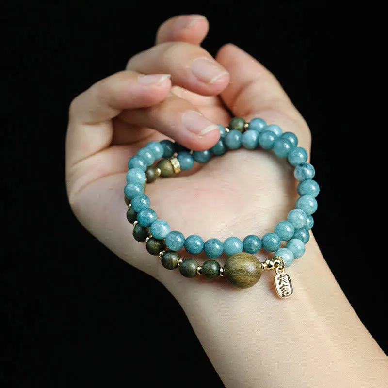 Mythstone Blue Chalcedony Green Sandalwood Small Leaf Red Sandalwood Double Wrap Emotional Balance Bracelet - Image 5