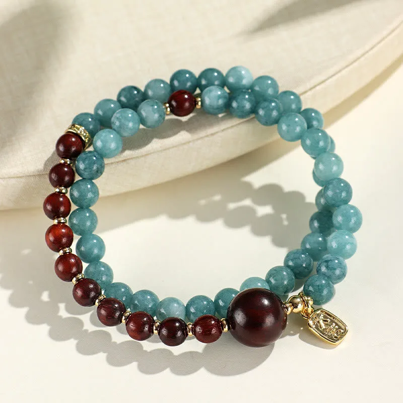 Mythstone Blue Chalcedony Green Sandalwood Small Leaf Red Sandalwood Double Wrap Emotional Balance Bracelet - Image 9