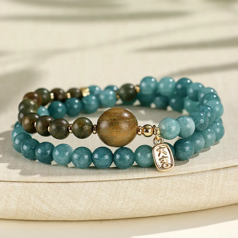 Mythstone Blue Chalcedony Green Sandalwood Small Leaf Red Sandalwood Double Wrap Emotional Balance Bracelet - Image 2