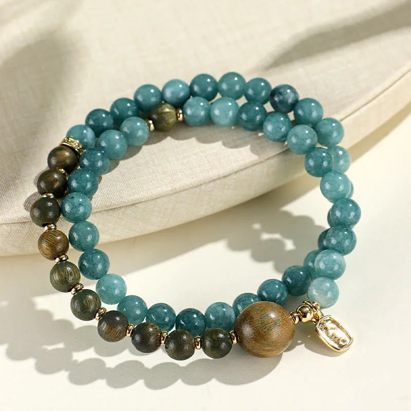 Mythstone Blue Chalcedony Green Sandalwood Small Leaf Red Sandalwood Double Wrap Emotional Balance Bracelet