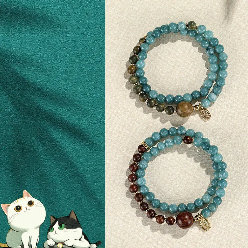 Mythstone Blue Chalcedony Green Sandalwood Small Leaf Red Sandalwood Double Wrap Emotional Balance Bracelet - Image 15