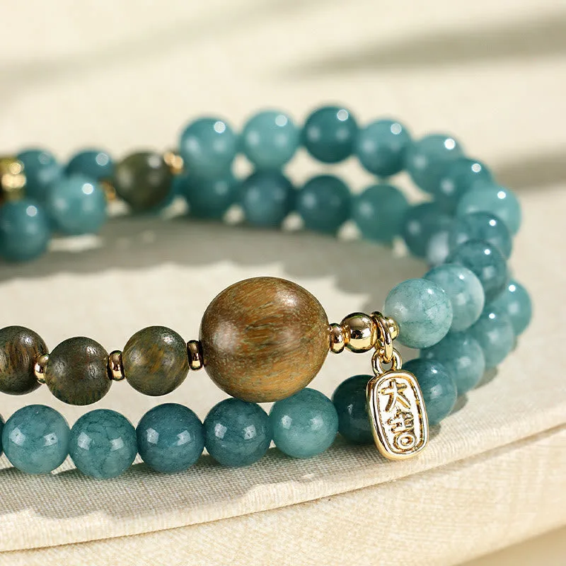 Mythstone Blue Chalcedony Green Sandalwood Small Leaf Red Sandalwood Double Wrap Emotional Balance Bracelet - Image 4