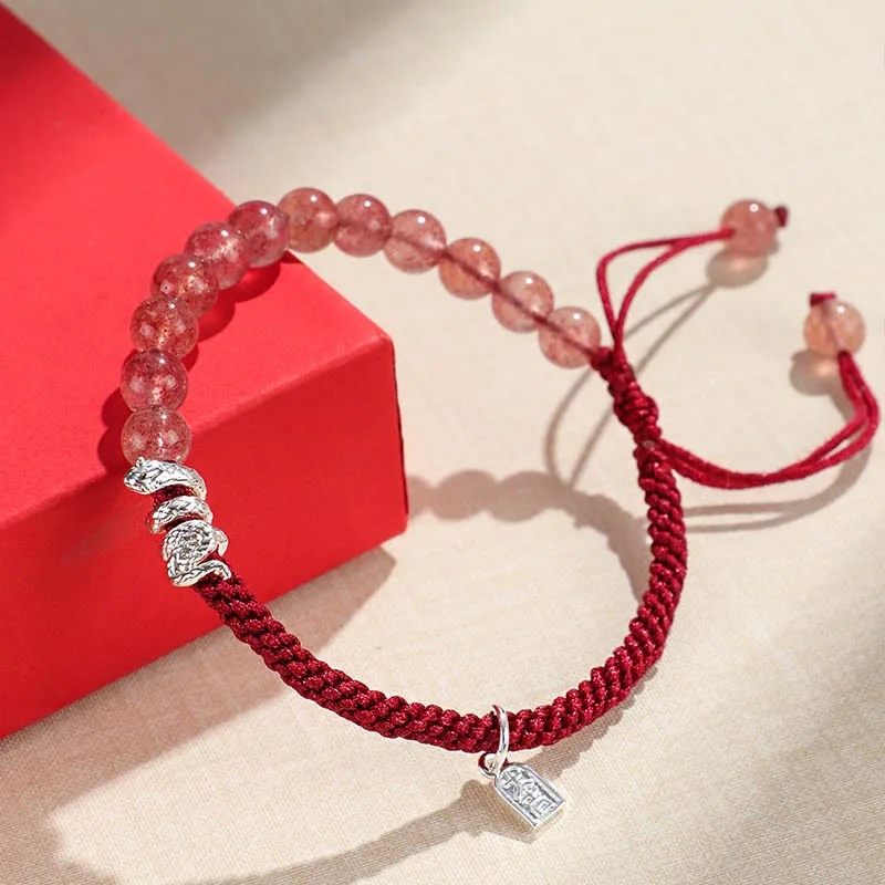 Mythstone Natural Strawberry Quartz Silver Sheen Obsidian Year of the Snake String Protection Braided Bracelet - Image 3