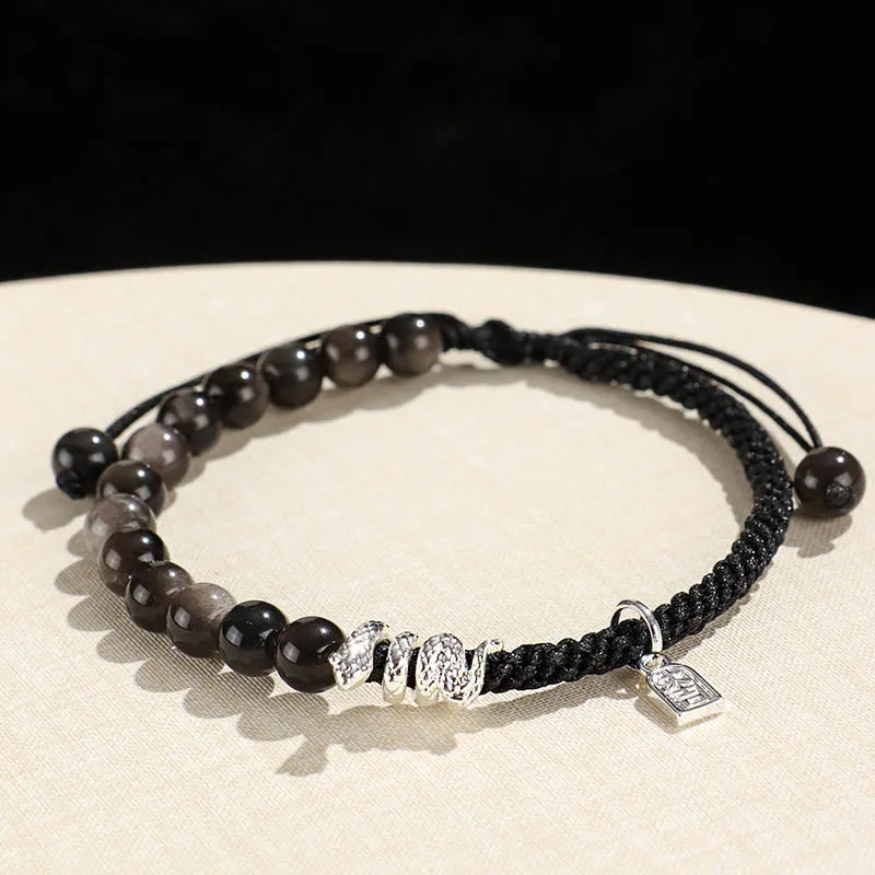 Mythstone Natural Strawberry Quartz Silver Sheen Obsidian Year of the Snake String Protection Braided Bracelet - Image 8