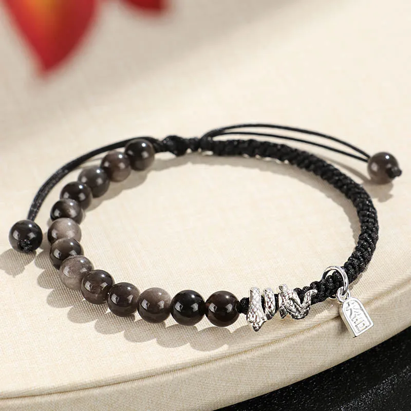 Mythstone Natural Strawberry Quartz Silver Sheen Obsidian Year of the Snake String Protection Braided Bracelet - Image 11