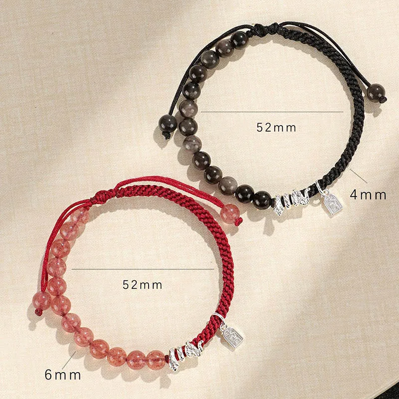 Mythstone Natural Strawberry Quartz Silver Sheen Obsidian Year of the Snake String Protection Braided Bracelet - Image 14