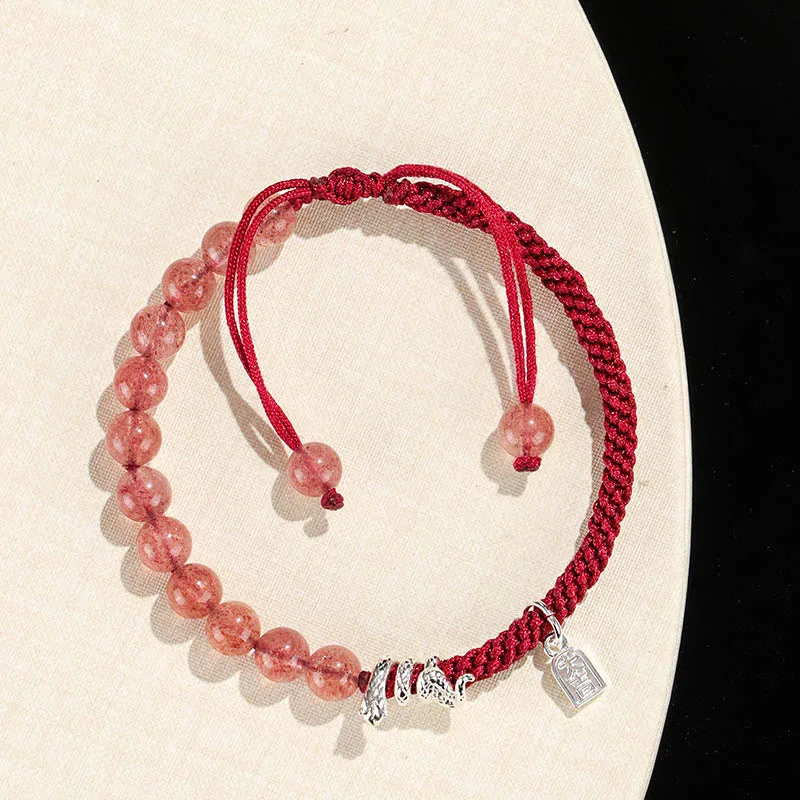 Mythstone Natural Strawberry Quartz Silver Sheen Obsidian Year of the Snake String Protection Braided Bracelet - Image 4
