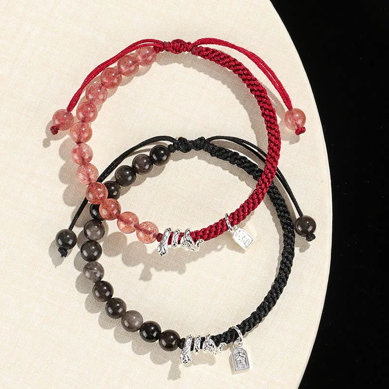 Mythstone Natural Strawberry Quartz Silver Sheen Obsidian Year of the Snake String Protection Braided Bracelet - Image 6