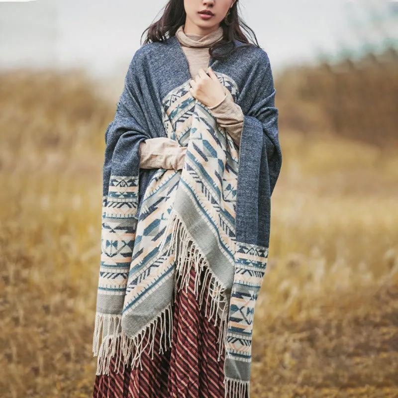 Mythstone Tibetan Geometric Rhombus Pattern Tassels Shawl Fall Winter Warm Cozy Scarf Wrap - Image 3