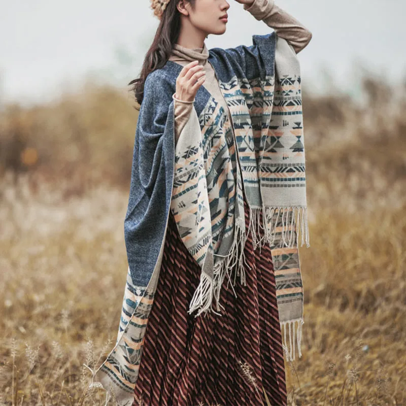 Mythstone Tibetan Geometric Rhombus Pattern Tassels Shawl Fall Winter Warm Cozy Scarf Wrap - Image 2