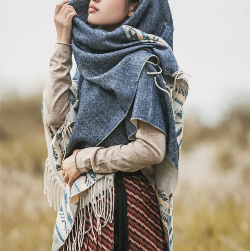 Mythstone Tibetan Geometric Rhombus Pattern Tassels Shawl Fall Winter Warm Cozy Scarf Wrap - Image 11