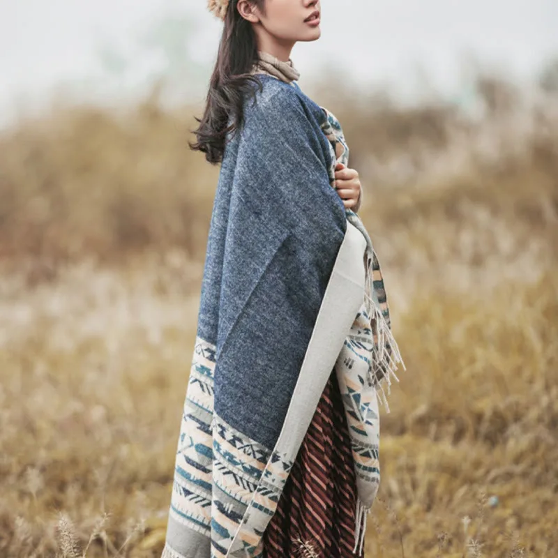 Mythstone Tibetan Geometric Rhombus Pattern Tassels Shawl Fall Winter Warm Cozy Scarf Wrap - Image 6