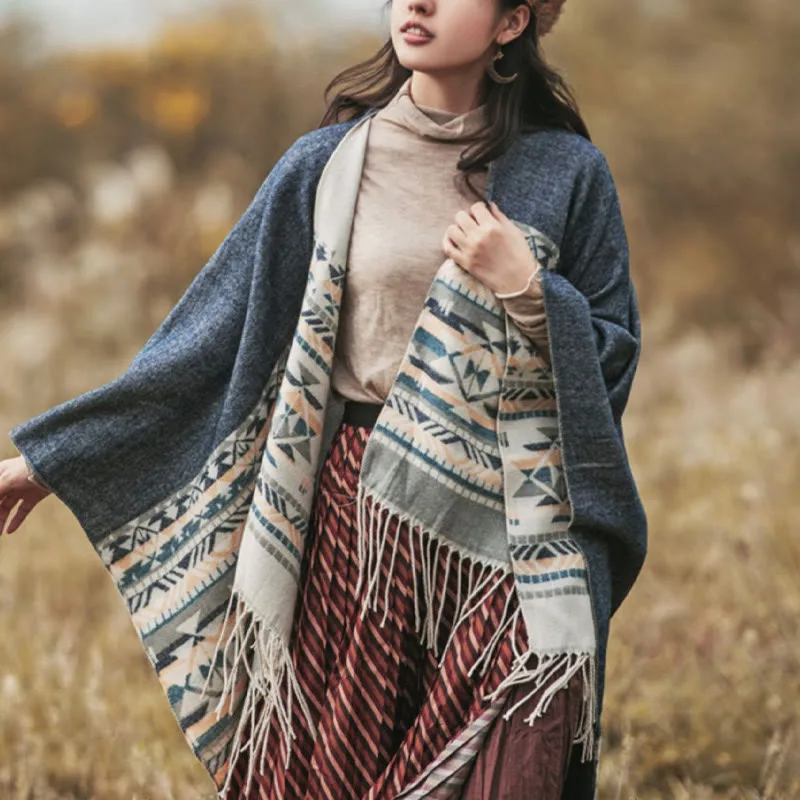 Mythstone Tibetan Geometric Rhombus Pattern Tassels Shawl Fall Winter Warm Cozy Scarf Wrap - Image 10