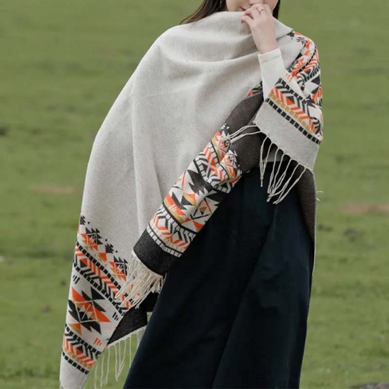 Mythstone Tibetan Geometric Rhombus Pattern Tassels Shawl Fall Winter Warm Cozy Scarf Wrap - Image 22