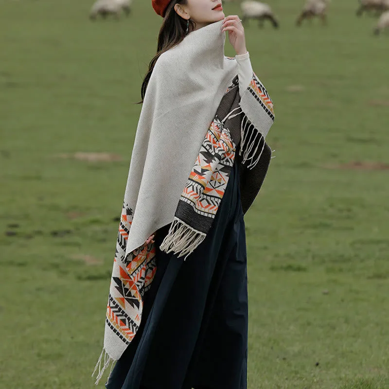 Mythstone Tibetan Geometric Rhombus Pattern Tassels Shawl Fall Winter Warm Cozy Scarf Wrap - Image 21