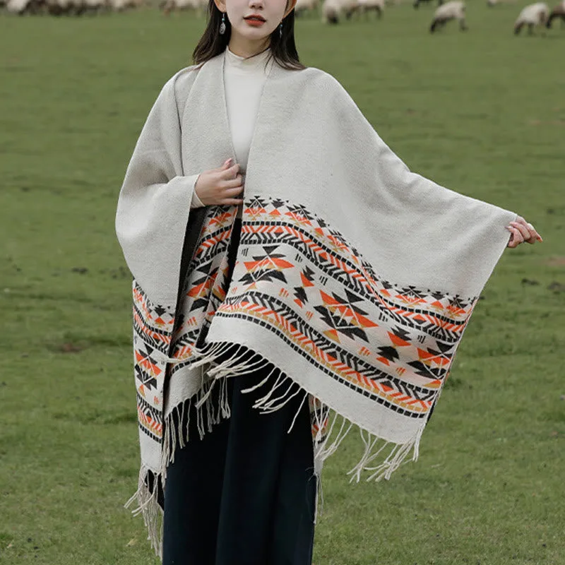 Mythstone Tibetan Geometric Rhombus Pattern Tassels Shawl Fall Winter Warm Cozy Scarf Wrap - Image 19