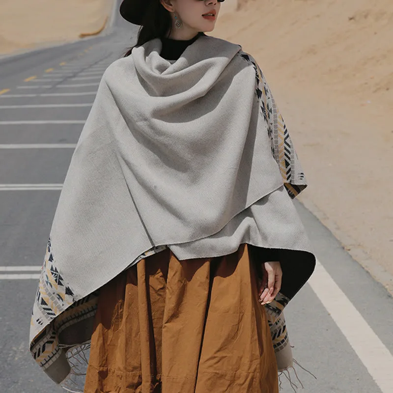 Mythstone Tibetan Geometric Rhombus Pattern Tassels Shawl Fall Winter Warm Cozy Scarf Wrap - Image 16