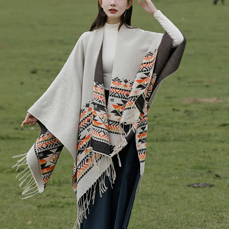 Mythstone Tibetan Geometric Rhombus Pattern Tassels Shawl Fall Winter Warm Cozy Scarf Wrap - Image 20
