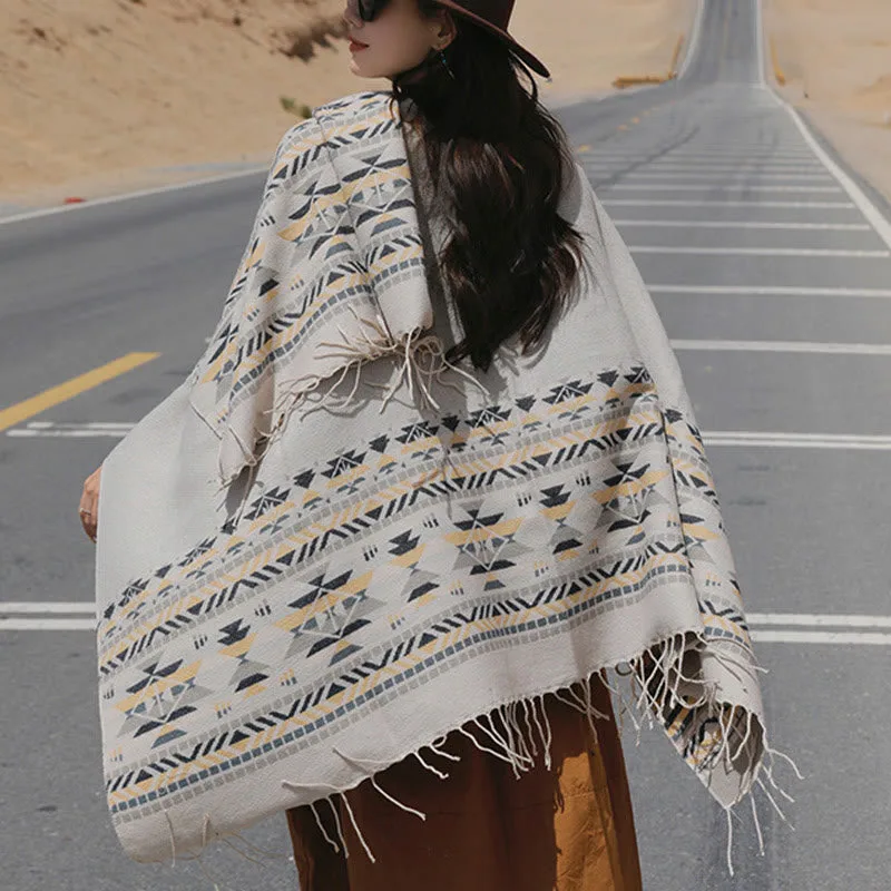 Mythstone Tibetan Geometric Rhombus Pattern Tassels Shawl Fall Winter Warm Cozy Scarf Wrap - Image 17