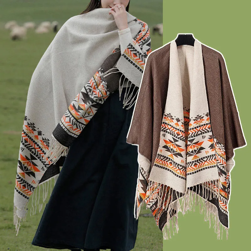 Mythstone Tibetan Geometric Rhombus Pattern Tassels Shawl Fall Winter Warm Cozy Scarf Wrap - Image 23