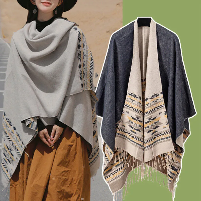 Mythstone Tibetan Geometric Rhombus Pattern Tassels Shawl Fall Winter Warm Cozy Scarf Wrap - Image 12
