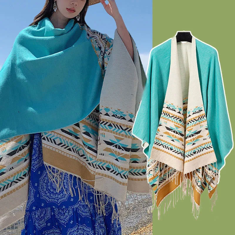 Mythstone Tibetan Geometric Rhombus Pattern Tassels Shawl Fall Winter Warm Cozy Scarf Wrap - Image 27